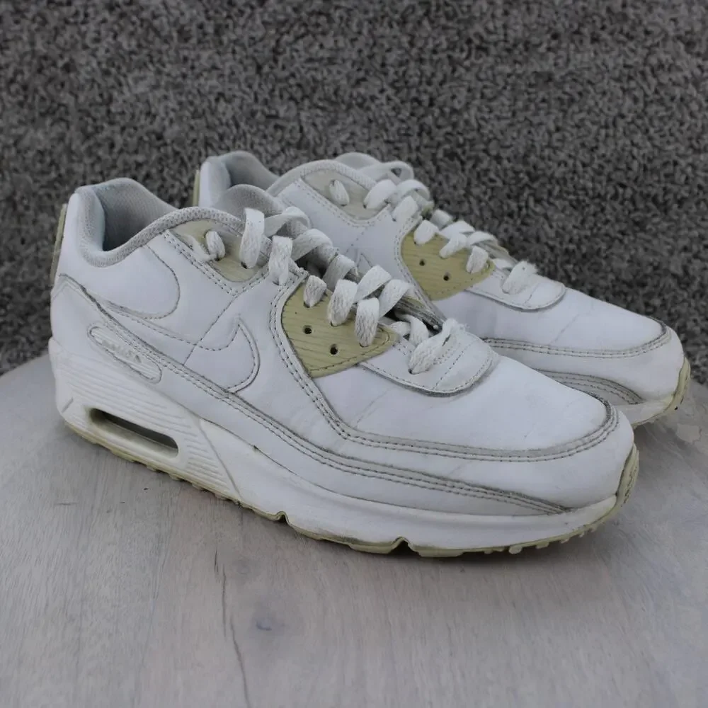 Nike Air Max 90 Triple White Leather Sneakers Youth 7 / Womens 8.5